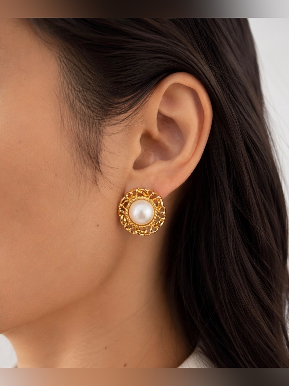 Vintage Alfred Sung Gold Filigree Pearl Clip‑On Earrings